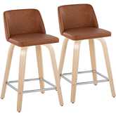Toriano 24" Swivel Counter Stool in Natural Wood & Camel Leatherette with Chrome Footrest (Set of 2)